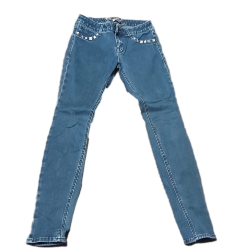 Miss me dark wash distressed jeans with rhinestones.
